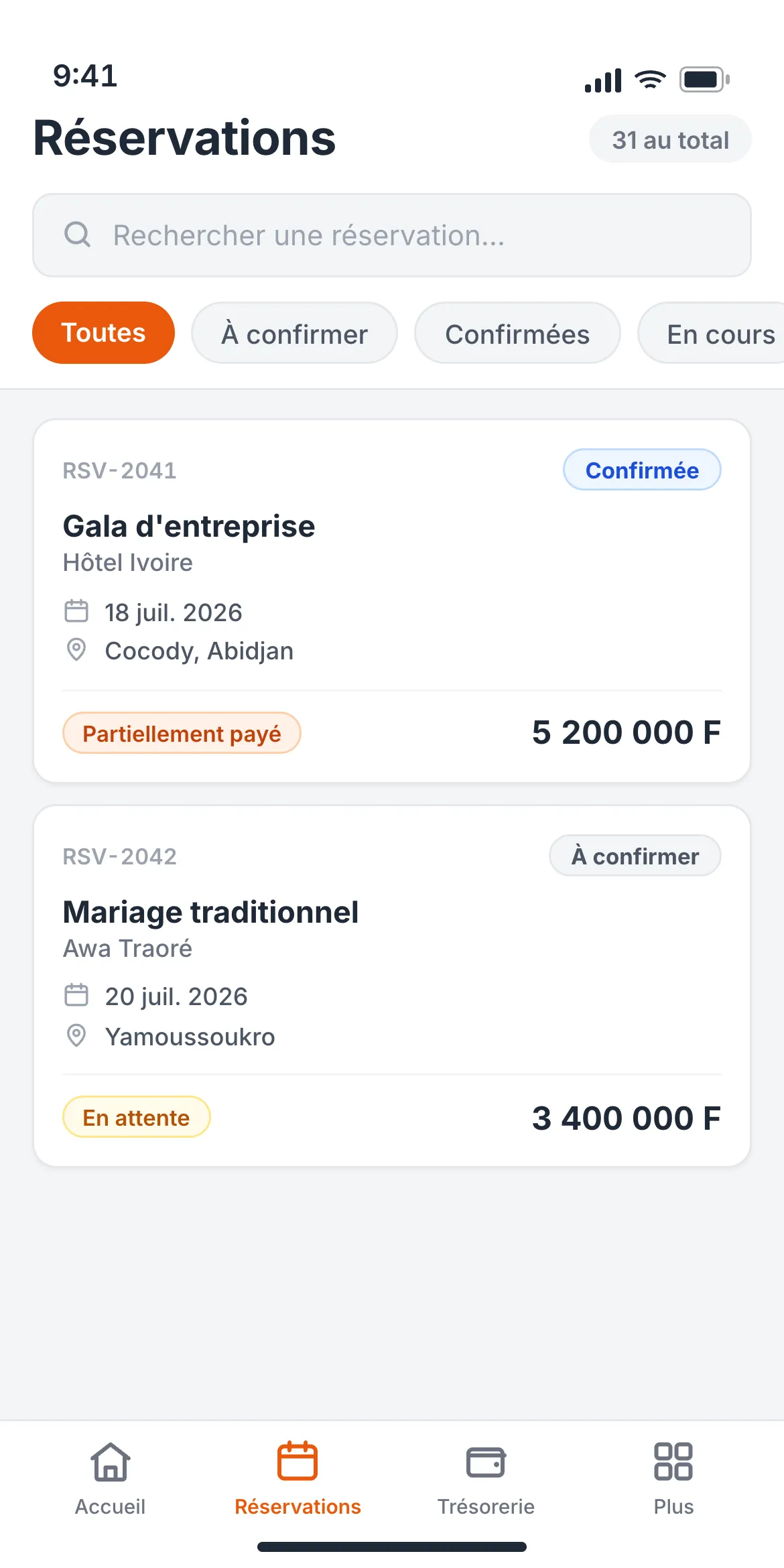 Écran des réservations de Loksy Pro, avec les dates réservées par article